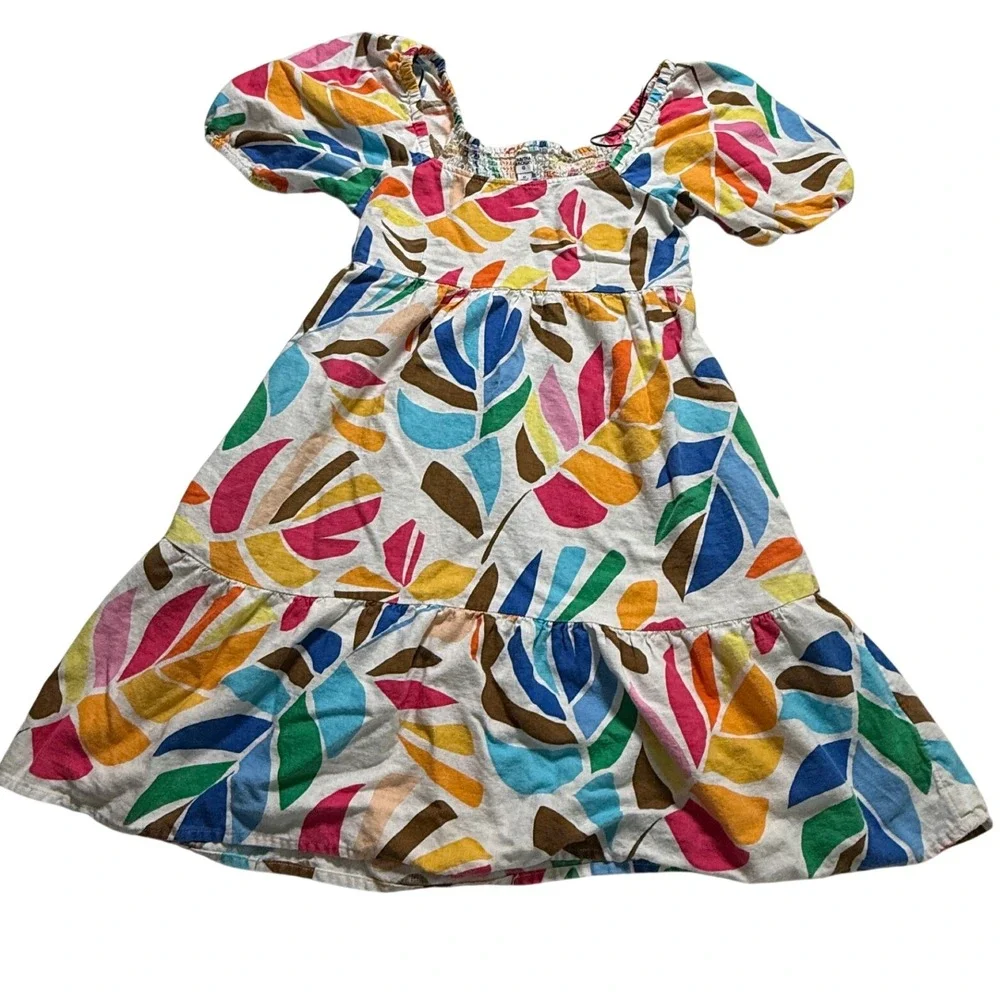 Tabitha Brown for Target Dress SZ Medium Multicolor Leaf Print Linen Puff Sleeve